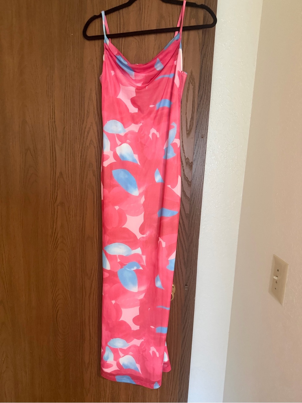 Pink Floral Print Cowl Neck Maxi Dress with Blue Accents